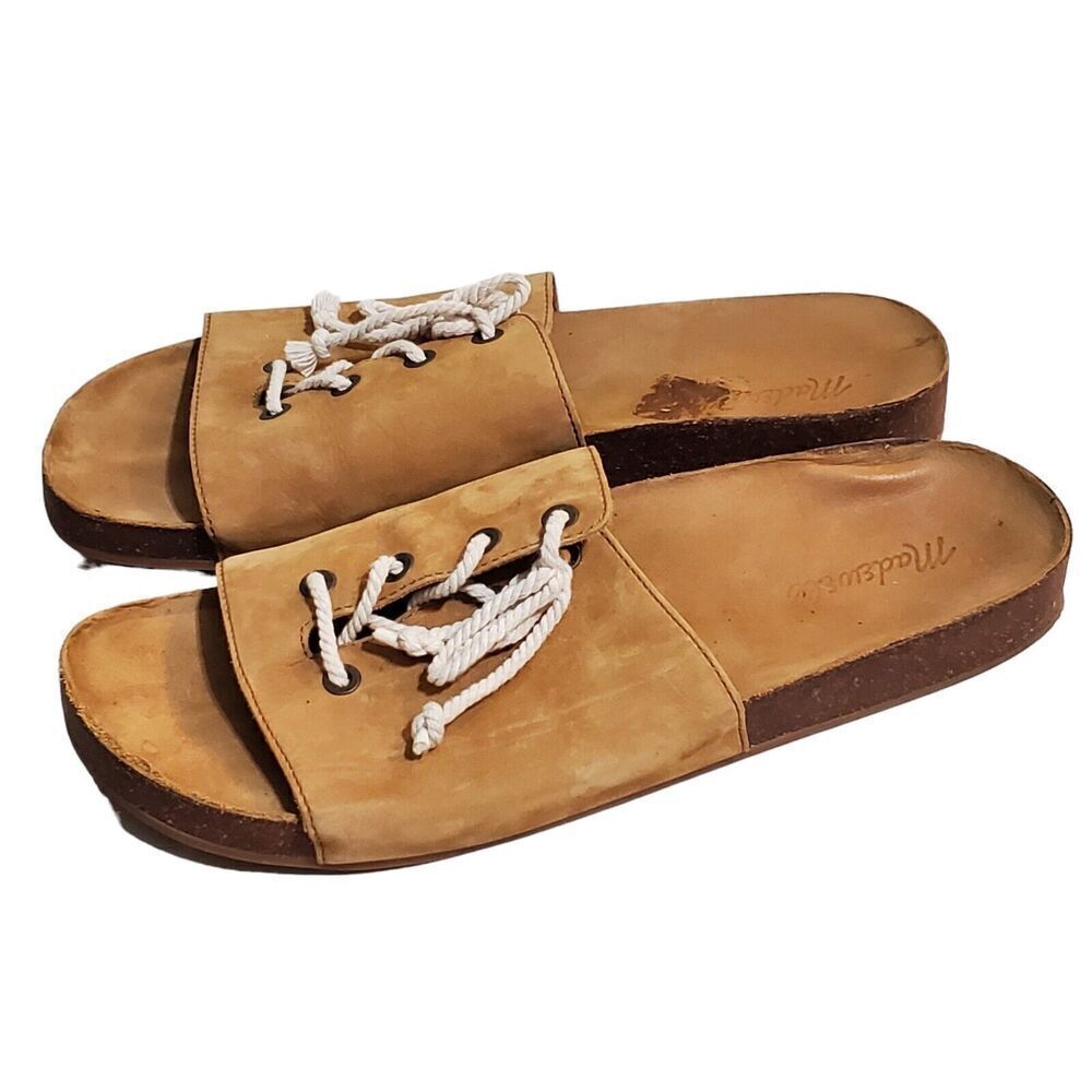 MADEWELL Tan Leather Slides Slip On Sandals Lace Up Detail Aileen US 11 womens